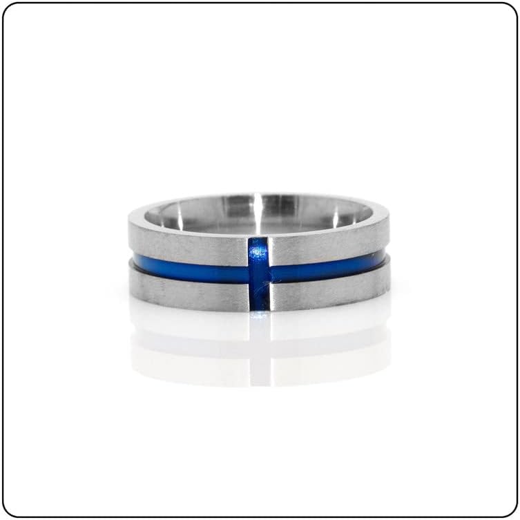 Fusamk Fashion Blue Epoxy Stainless Steel Cross Band Ring - Image 3